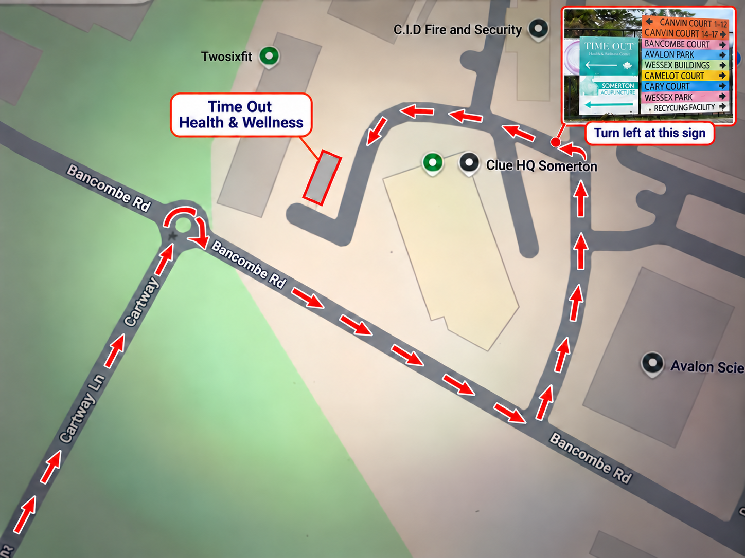 Route from Cartway Lane: turn right at the roundabout onto Bancombe Road, left into the estate, then left at the Time Out sign beside Clue HQ Somerton. The inset photo marks the Time Out sign at the first left turn. Follow the curved road to the small Time Out building.